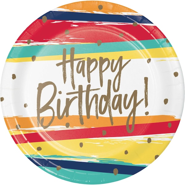 Creative Converting Happy Birthday Stripes Paper Plates, 9", 96PK 356648 - main
